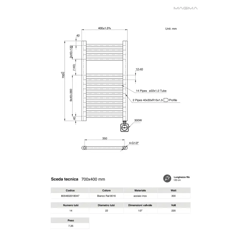 Emme 1500x450 termoarredo bianco h1486 l440 i400 w658 dt50 scaldasalviette  codice prod: DSV14935 SCELTO DA DESIVERO Acciaio